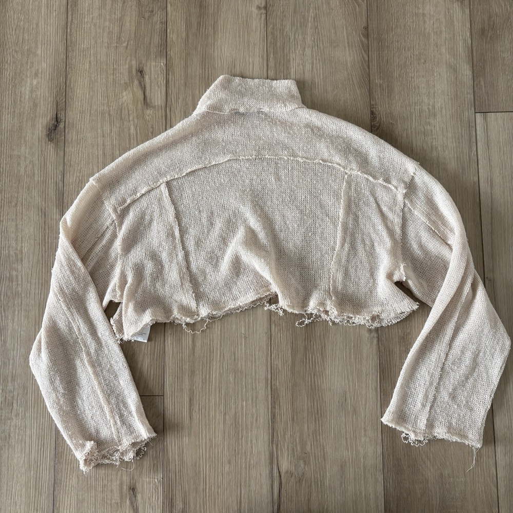 Urban Outfitters Beige Cropped Mock Neck Sweatshirt Small Lightweight Raw Hem - Picture 8 of 8